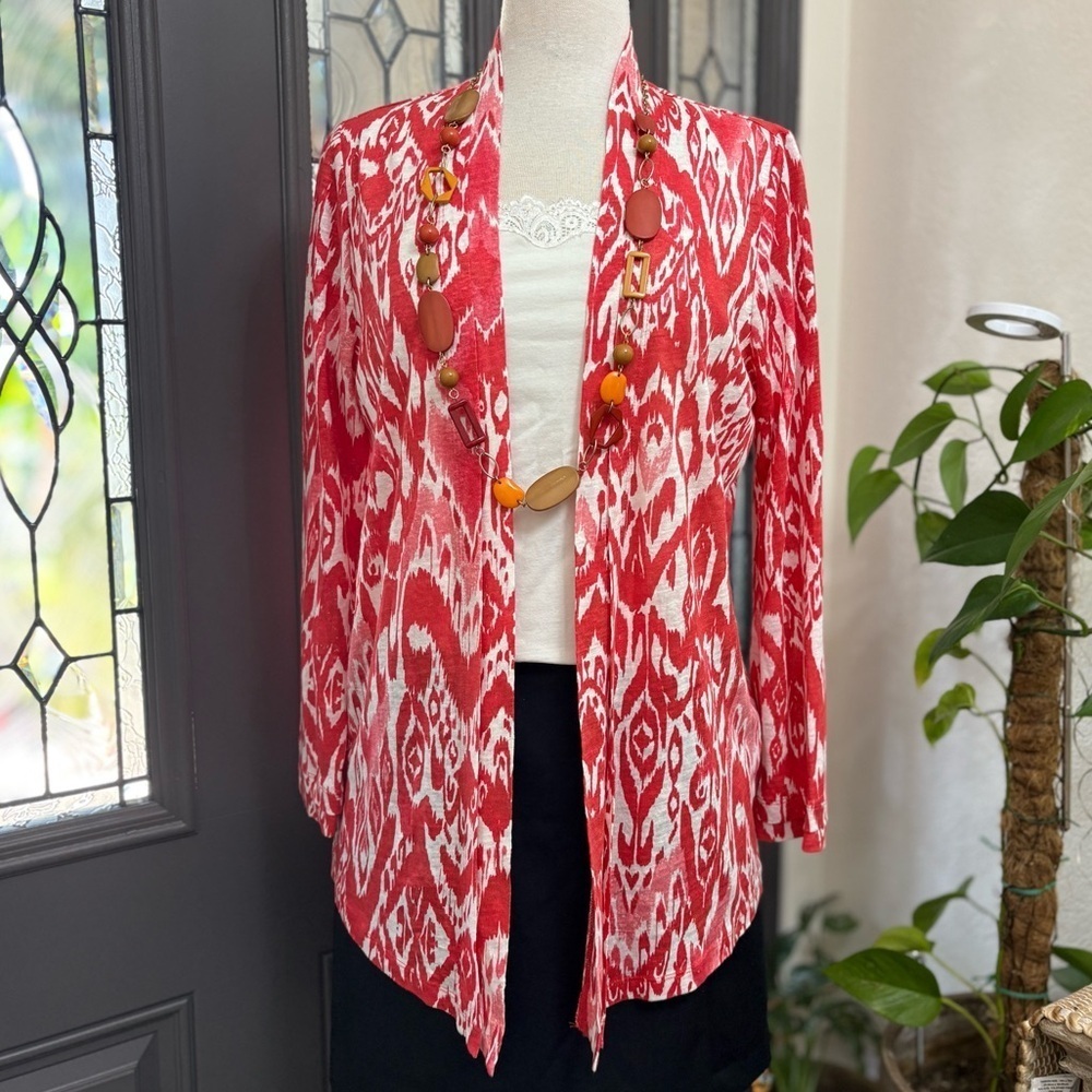 Chico’s Coral & White Ikat Print 100% Linen Open Front Cardigan | Size M